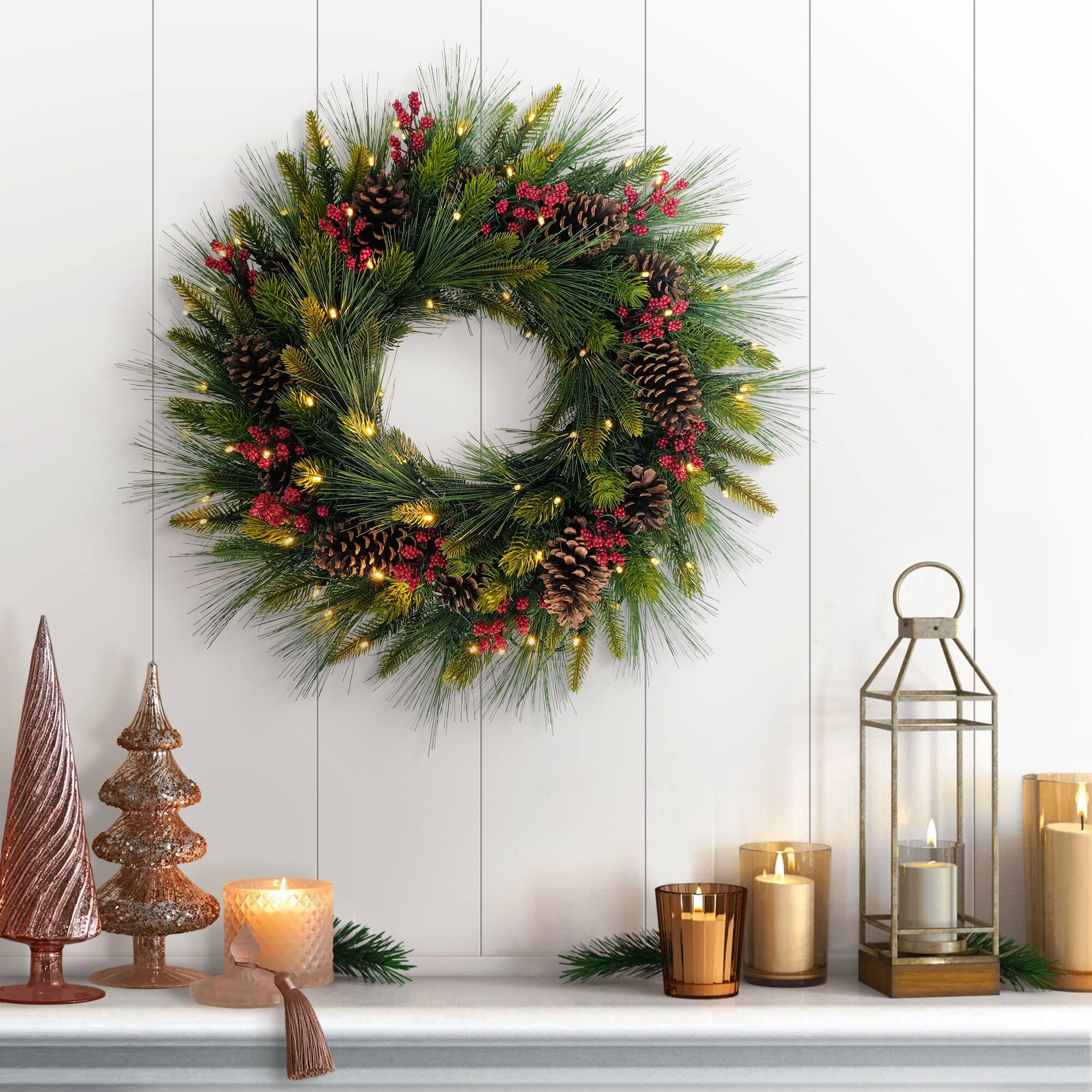 26" Pre-Lit LED Pinecones & Berries Adorned Artificial Christmas Wreath